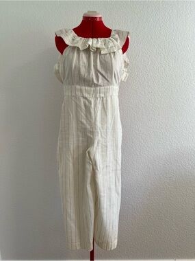 For Cynthia Ivory Pinstripe Ruffled-Neck Sleeveless Jumpsuit Linen PM